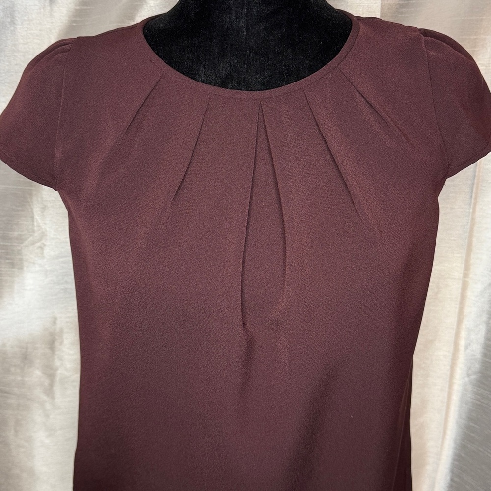 Ann Taylor Loft Blouse Burgundy Cap Sleeve Pleated Back Zip Petite Womens XS